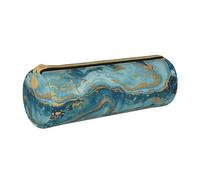 KCGSDEGV Azurite Teal and Foil Gold Oil Marble Pattern Printed Round Pencil Case Cute Leather Pencil Pouch Pen Bag Holder Stationery Organizer Box for School Girls Boys