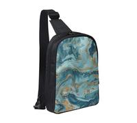 KCGSDEGV Azurite Teal and Foil Gold Oil Marble Pattern Printed Sling Bag Chest Bag for Men Women Crossbody Shoulder Bag for Travel Runner Cycling Hiking Sports
