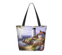 KCGSDEGV Beacon Painting Printing Tote Bag for Women Large Handle Bag Lightweight Shoulder Bag with Zipper for Shopping School Work Travel