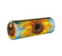 KCGSDEGV Beautiful Sunflower Printed Round Pencil Case Cute Leather Pencil Pouch Pen Bag Holder Stationery Organizer Box for School Girls Boys