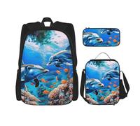 KCGSDEGV Beautiful Underwater World Dolphins Coral Printed Prints School Bag 3Pcs Bookbag Sets with Lunch Bag Pencil Case, Cute Student Backpack Set for Teen Girls Boys