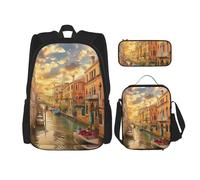 KCGSDEGV Beautiful Venice Canal View Printed Prints School Bag 3Pcs Bookbag Sets with Lunch Bag Pencil Case, Cute Student Backpack Set for Teen Girls Boys