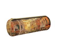 KCGSDEGV Beautiful Venice Canal View Printed Round Pencil Case Cute Leather Pencil Pouch Pen Bag Holder Stationery Organizer Box for School Girls Boys