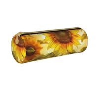 KCGSDEGV Beautiful Yellow Sunflower Printed Round Pencil Case Cute Leather Pencil Pouch Pen Bag Holder Stationery Organizer Box for School Girls Boys
