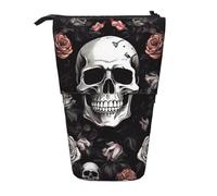 KCGSDEGV Black Floral Halloween Skull Prints Standing Expandable Pencil Case Organiser for School Pens, Makeup & Travel for Students & Artists
