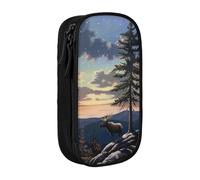 KCGSDEGV Black Pen Pencil Cases with Moose Mountain Pine Tree Wilderness Printed, Large Capacity Cute Pencil Bag Holder Stationery Organizer Box for School Girls Boys