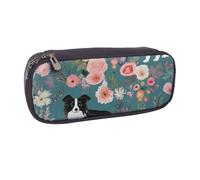 KCGSDEGV Border Collie Florals Printed Pen Pencil Cases for Students Girls Boys, Cute Leather Pencil Bag Pouch Holder Stationery Organizer for Kids Men Women