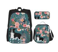 KCGSDEGV Border Collie Florals Printed Prints School Bag 3Pcs Bookbag Sets with Lunch Bag Pencil Case, Cute Student Backpack Set for Teen Girls Boys