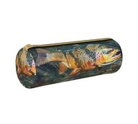 KCGSDEGV Brook Trout Fly Fishing Printed Round Pencil Case Cute Leather Pencil Pouch Pen Bag Holder Stationery Organizer Box for School Girls Boys