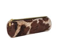 KCGSDEGV Brown Cowhide Printed Round Pencil Case Cute Leather Pencil Pouch Pen Bag Holder Stationery Organizer Box for School Girls Boys
