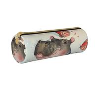 KCGSDEGV Butterfly and Hippo Printed Round Pencil Case Cute Leather Pencil Pouch Pen Bag Holder Stationery Organizer Box for School Girls Boys