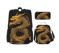 KCGSDEGV Chinese Golden Yellow Dragon Printed Prints School Bag 3Pcs Bookbag Sets with Lunch Bag Pencil Case, Cute Student Backpack Set for Teen Girls Boys