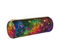 KCGSDEGV Colorful Rainbow Stars Printed Round Pencil Case Cute Leather Pencil Pouch Pen Bag Holder Stationery Organizer Box for School Girls Boys