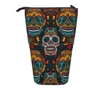 KCGSDEGV Colorful Sugar Skulls Prints Standing Expandable Pencil Case Organiser for School Pens, Makeup & Travel for Students & Artists