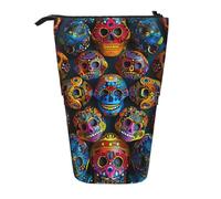 KCGSDEGV Colorful Sugar Skulls Prints Standing Expandable Pencil Case Organiser for School Pens, Makeup & Travel for Students & Artists