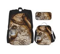 KCGSDEGV Compass and Old Nautical Charts Printed Prints School Bag 3Pcs Bookbag Sets with Lunch Bag Pencil Case, Cute Student Backpack Set for Teen Girls Boys