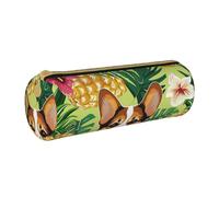 KCGSDEGV Corgi Hawaiian Tropical Summer Pineapple Printed Round Pencil Case Cute Leather Pencil Pouch Pen Bag Holder Stationery Organizer Box for School Girls Boys