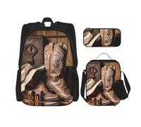 KCGSDEGV Cowboy Black Hat Western Boots Printed Prints School Bag 3Pcs Bookbag Sets with Lunch Bag Pencil Case, Cute Student Backpack Set for Teen Girls Boys