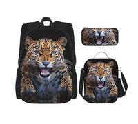 KCGSDEGV Cute Leopard Printed Prints School Bag 3Pcs Bookbag Sets with Lunch Bag Pencil Case, Cute Student Backpack Set for Teen Girls Boys