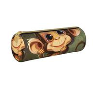 KCGSDEGV Cute Monkey Printed Round Pencil Case Cute Leather Pencil Pouch Pen Bag Holder Stationery Organizer Box for School Girls Boys