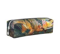 KCGSDEGV Cute Pencil Case with Brook Trout Fly Fishing Printed Leather Pencil Pouch Pen Bag Holder School Stationery Organizer Pencil Box