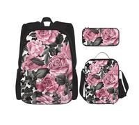 KCGSDEGV Cute Rose Mix Leopard Pattern Printed Prints School Bag 3Pcs Bookbag Sets with Lunch Bag Pencil Case, Cute Student Backpack Set for Teen Girls Boys