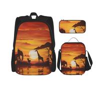 KCGSDEGV Elephant and Giraffe in The Sunset Printed Prints School Bag 3Pcs Bookbag Sets with Lunch Bag Pencil Case, Cute Student Backpack Set for Teen Girls Boys