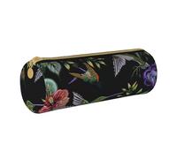 KCGSDEGV Flower Hummingbirds Embroidery Printed Round Pencil Case Cute Leather Pencil Pouch Pen Bag Holder Stationery Organizer Box for School Girls Boys