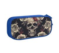 KCGSDEGV Flowers Skull Ornamental Pattern Printed Pen Pencil Cases for School Girls Boys, Large Capacity Cute Pencil Bag Holder Stationery Organizer Box,Blue