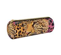 KCGSDEGV Fun Leopard Print Printed Round Pencil Case Cute Leather Pencil Pouch Pen Bag Holder Stationery Organizer Box for School Girls Boys