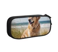 KCGSDEGV Golden Retriever On The Beach Printed Pen Pencil Cases for School Girls Boys, Large Capacity Cute Pencil Bag Holder Stationery Organizer Box,Black