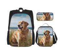 KCGSDEGV Golden Retriever on The Beach Printed Prints School Bag 3Pcs Bookbag Sets with Lunch Bag Pencil Case, Cute Student Backpack Set for Teen Girls Boys