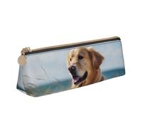 KCGSDEGV Golden Retriever On The Beach Printed Triangle Pencil Case Cute Leather Pencil Pouch Pen Bag Holder Stationery Organizer Box for School Girls Boys