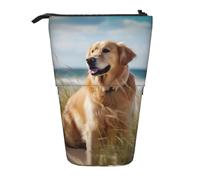 KCGSDEGV Golden Retriever on The Beach Prints Standing Expandable Pencil Case Organiser for School Pens, Makeup & Travel for Students & Artists