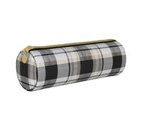KCGSDEGV Gray Plaid Lines Printed Round Pencil Case Cute Leather Pencil Pouch Pen Bag Holder Stationery Organizer Box for School Girls Boys