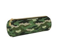 KCGSDEGV Green Military Camouflage Printed Round Pencil Case Cute Leather Pencil Pouch Pen Bag Holder Stationery Organizer Box for School Girls Boys