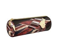 KCGSDEGV Guitar British Flag Printed Round Pencil Case Cute Leather Pencil Pouch Pen Bag Holder Stationery Organizer Box for School Girls Boys