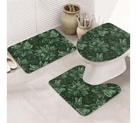 KCGSDEGV Hunter Green Floral Petals Pattern Prints Flannel Bathroom Rug Set 3-Pieces, Bath Mat + Contour Mat + Toilet Seat Cover, Non-Slip Absorbent Bath Rugs