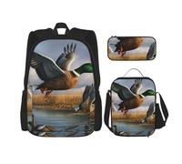 KCGSDEGV Hunting Flying Wild Ducks by The Lake Printed Prints School Bag 3Pcs Bookbag Sets with Lunch Bag Pencil Case, Cute Student Backpack Set for Teen Girls Boys