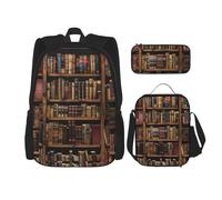 KCGSDEGV Library Bookshelf Book Printed Prints School Bag 3Pcs Bookbag Sets with Lunch Bag Pencil Case, Cute Student Backpack Set for Teen Girls Boys