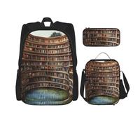 KCGSDEGV Library Bookshelf Books Printed Prints School Bag 3Pcs Bookbag Sets with Lunch Bag Pencil Case, Cute Student Backpack Set for Teen Girls Boys