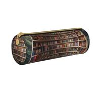 KCGSDEGV Library Bookshelf Books Printed Round Pencil Case Cute Leather Pencil Pouch Pen Bag Holder Stationery Organizer Box for School Girls Boys