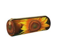 KCGSDEGV Orange Sunflower Wallpaper Printed Round Pencil Case Cute Leather Pencil Pouch Pen Bag Holder Stationery Organizer Box for School Girls Boys
