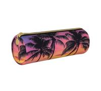 KCGSDEGV Palm Trees Silhouette at Sunset Printed Round Pencil Case Cute Leather Pencil Pouch Pen Bag Holder Stationery Organizer Box for School Girls Boys