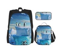 KCGSDEGV Penguins On The Iceberg Print Printed Prints School Bag 3Pcs Bookbag Sets with Lunch Bag Pencil Case, Cute Student Backpack Set for Teen Girls Boys