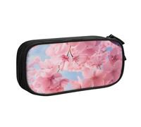 KCGSDEGV Pink Cherry Blossoms Printed Pen Pencil Cases for School Girls Boys, Large Capacity Cute Pencil Bag Holder Stationery Organizer Box,Black