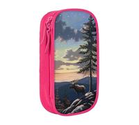 KCGSDEGV Pink Pen Pencil Cases with Moose Mountain Pine Tree Wilderness Printed, Large Capacity Cute Pencil Bag Holder Stationery Organizer Box for School Girls Boys