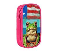 KCGSDEGV Pink Pen Pencil Cases with Puerto Rico Flag Frog Palm Trees Printed, Large Capacity Cute Pencil Bag Holder Stationery Organizer Box for School Girls Boys