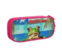 KCGSDEGV Puerto Rico Flag Frog Palm Trees Printed Pen Pencil Cases for School Girls Boys, Large Capacity Cute Pencil Bag Holder Stationery Organizer Box,Pink