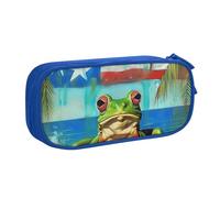 KCGSDEGV Puerto Rico Flag Frog Palm Trees Printed Pen Pencil Cases for School Girls Boys, Large Capacity Cute Pencil Bag Holder Stationery Organizer Box,Blue